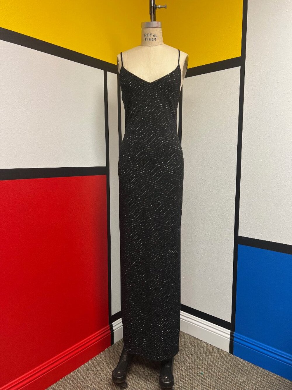 Vintage Y2K City Triangles Open Back Sparkly Black Spaghetti Strap Maxi Dress S